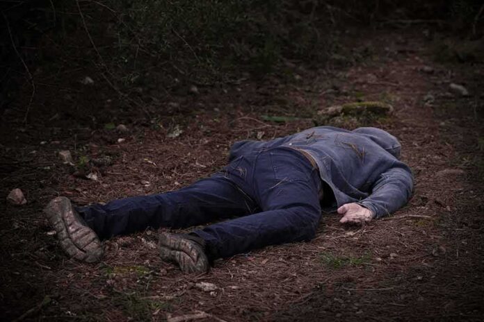 person lying face down on a forest path