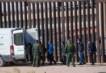 New Border Crackdown Targets Illegal Reentry Border agents escort a group near a tall fence and a patrol van