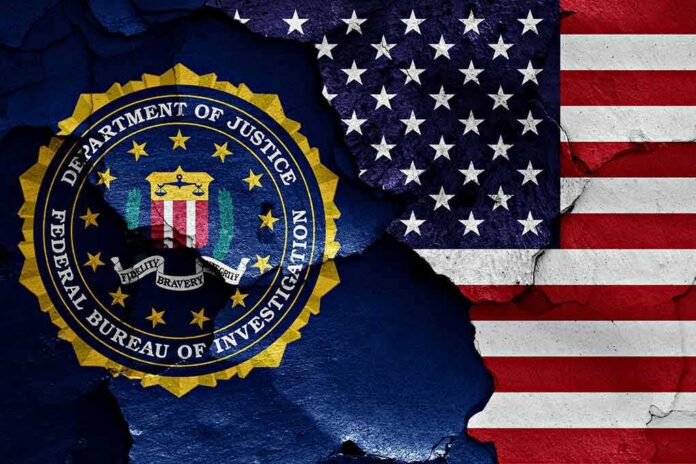 FBI seal and American flag on cracked wall