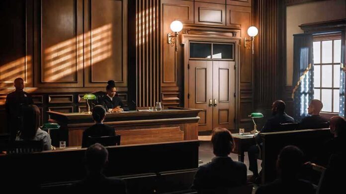 shutterstock_2056433852 Judge presiding in a wood-paneled courtroom