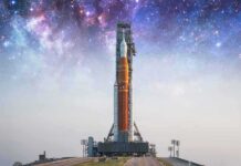 Rocket on launch pad under starry sky