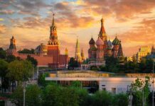 St. Basil's Cathedral and Kremlin towers at sunset