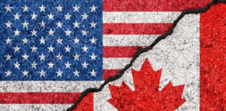 USA and Canada flags with a cracked border