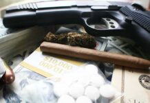 DEA Let Lethal Pills Walk? Handgun with cash, pills, and marijuana on a table