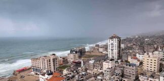 Coastal city skyline with mid-rise buildings by a rough sea under overcast skies