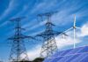 Coal Slumps, Clean Power Surges Power lines with wind turbine and solar panels
