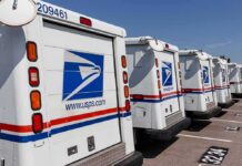 Supreme Court Freezes USPS Election Rule Row of USPS mail trucks parked in a lot