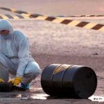 Five Arrested Near U.S. Bomber Base Hazmat worker kneeling near a fallen barrel at a cordoned-off site