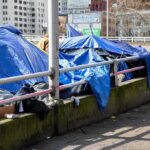 Tents covered with blue tarps along a city sidewalk
