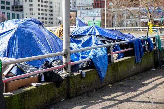 shutterstock_1930808129-1 Tents covered with blue tarps along a city sidewalk