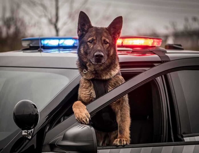 shutterstock_2104116728-1 Police dog leaning out of patrol car window