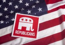 Republican elephant logo on an American flag