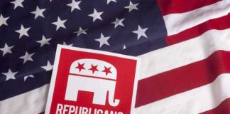 Republican elephant logo on an American flag