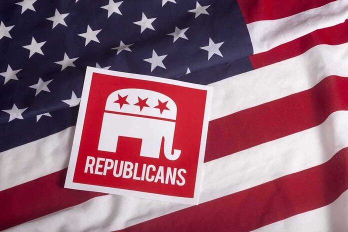 shutterstock_305852282-1 Republican elephant logo on an American flag