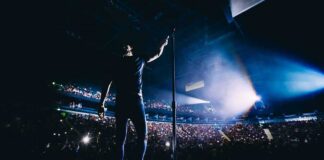 Singer on stage facing a large concert crowd