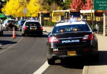 Teacher’s Brave Actions Help Stop School Shooting Police cars with lights on near school buses on a city street