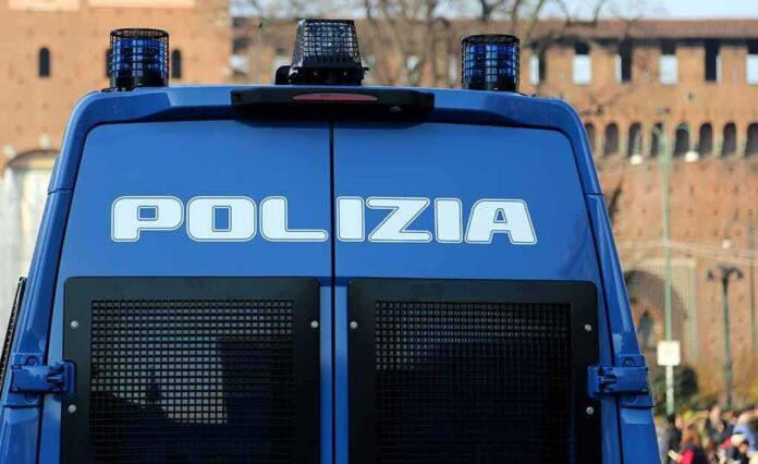 shutterstock_1363209830 Italian police van rear with blue lights and grilles