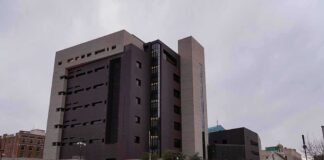 Modern concrete and dark glass government building on a cloudy day