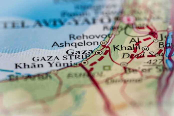 shutterstock_2615124979 Close-up of a map showing Gaza and surrounding areas