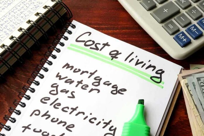 shutterstock_593390591 Budget notebook with cost of living list, calculator, and cash